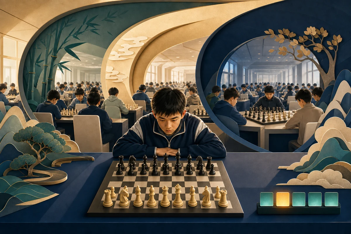 国际象棋少年在三段赛场拱门前思考，五格中一格亮起
