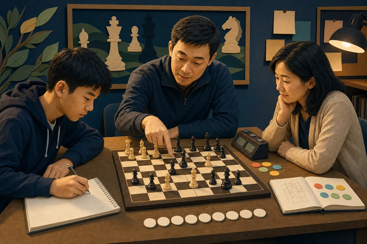 国际象棋学生与教练、家长围绕棋盘进行赛后复盘