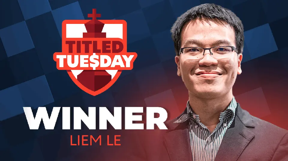 Chess.com周二头衔赛胜者海报，标注黎光廉夺冠。