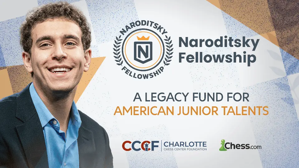 纳罗迪茨基奖学金官方海报，展示Daniel Naroditsky肖像与美国青少年资助计划名称。