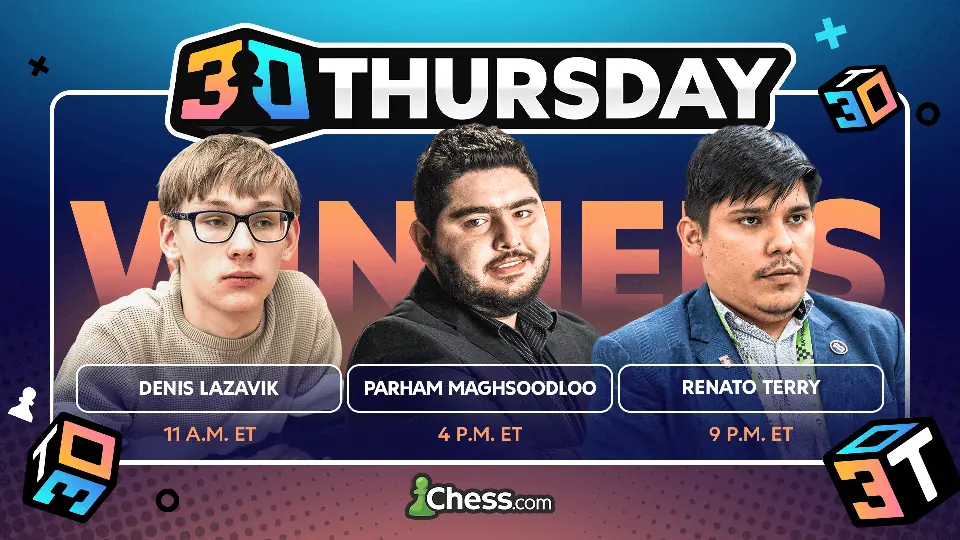 Chess.com周四3+0赛事官方胜者海报，列出Lazavik、Maghsoodloo和Terry。
