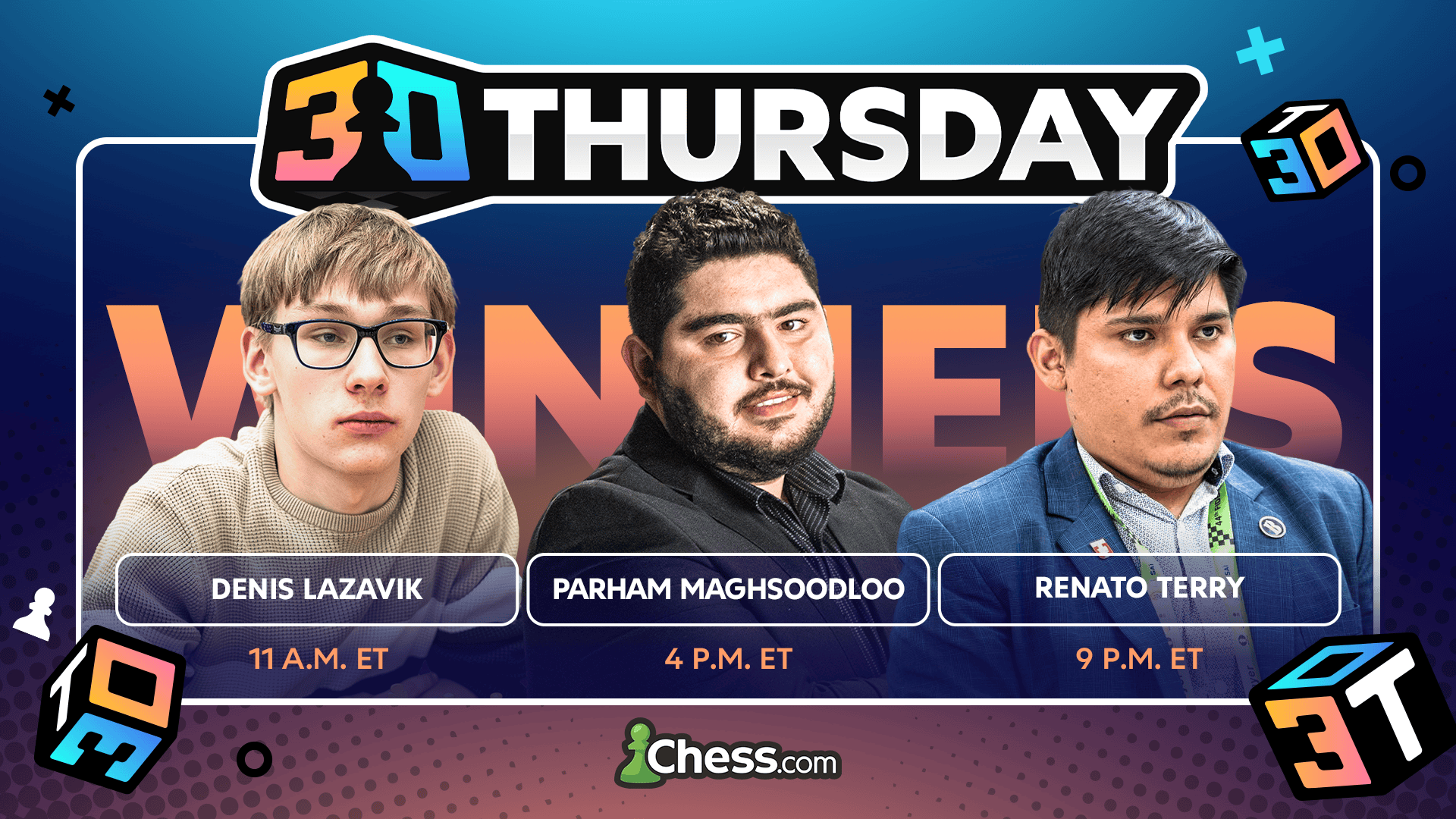 Chess.com周四3+0赛事官方胜者海报，列出Lazavik、Maghsoodloo和Terry。